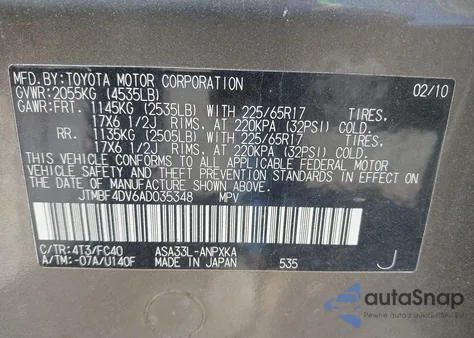 2010 Toyota Rav4 z USA, uszkodzony, nr VIN JTMBF4DV6AD035348